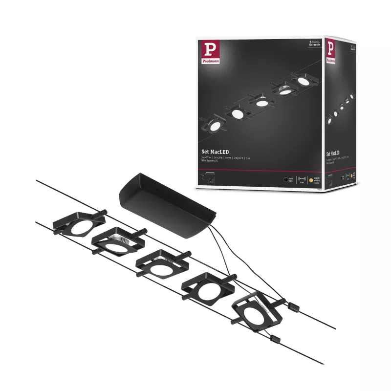 ,CorDuo Système sur câbles LED MacLED Kit de base 5x250lm 5x4,,5W 3000K 230/12V Noir mat,,,