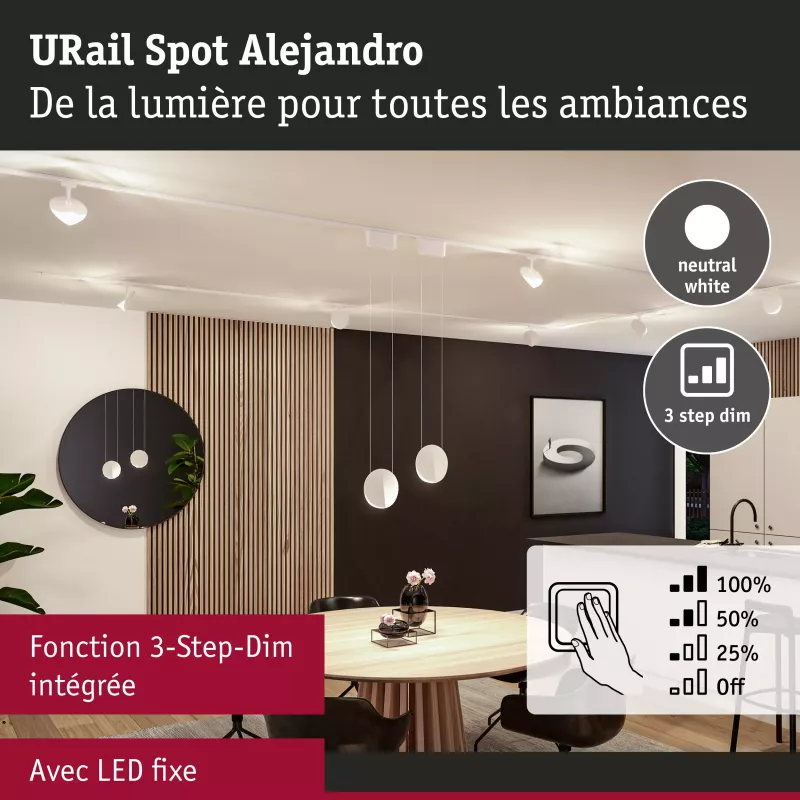 URail Spot sur rail 3-Step-Dim Alejandro 800lm 10W 4000K gradable 230V Blanc signal