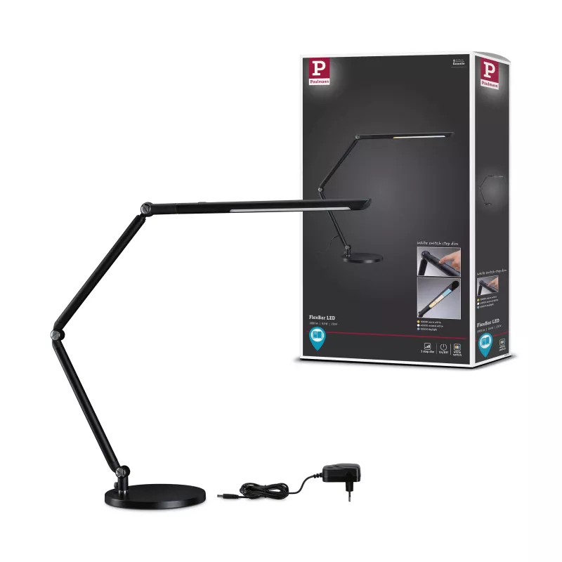 Lámpara de escritorio LED con regulador de intensidad de 3 niveles, interruptor FlexBar blanco, 700 lm.