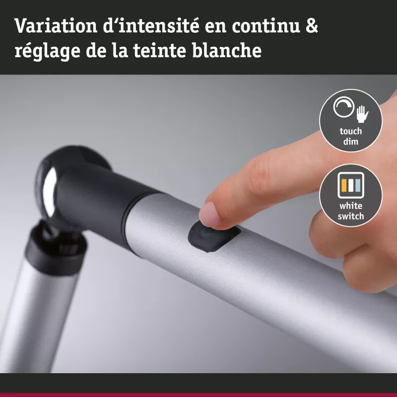 Lámpara de escritorio LED con regulador de intensidad de 3 niveles, interruptor FlexBar blanco, 700 lm.