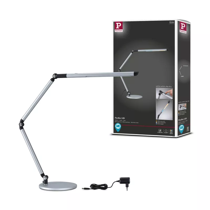 Lámpara de escritorio LED con regulador de intensidad de 3 niveles, interruptor FlexBar blanco, 700 lm.