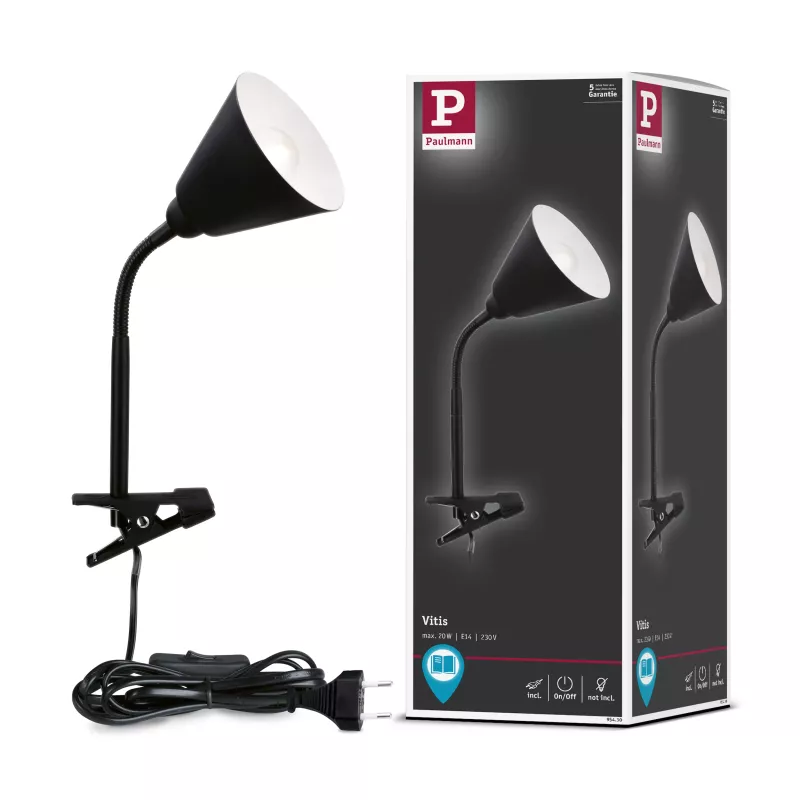 Pinza de contacto Vitis, interruptor de cable con brazo flexible, color negro, 230 V, casquillo E14