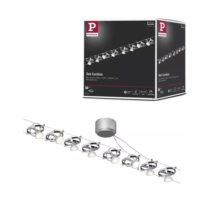 Cardan Cable System Basic Kit GU5.3 max. 8x10W dimmable 230/12V Matte Chrome, Chrome