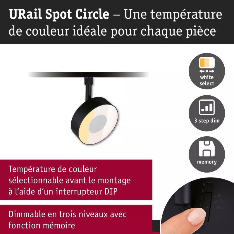 Foco URail para riel, regulable en 3 niveles, circular, 180 lm, 5 W, 2700-4000 K, 230 V, negro mate.