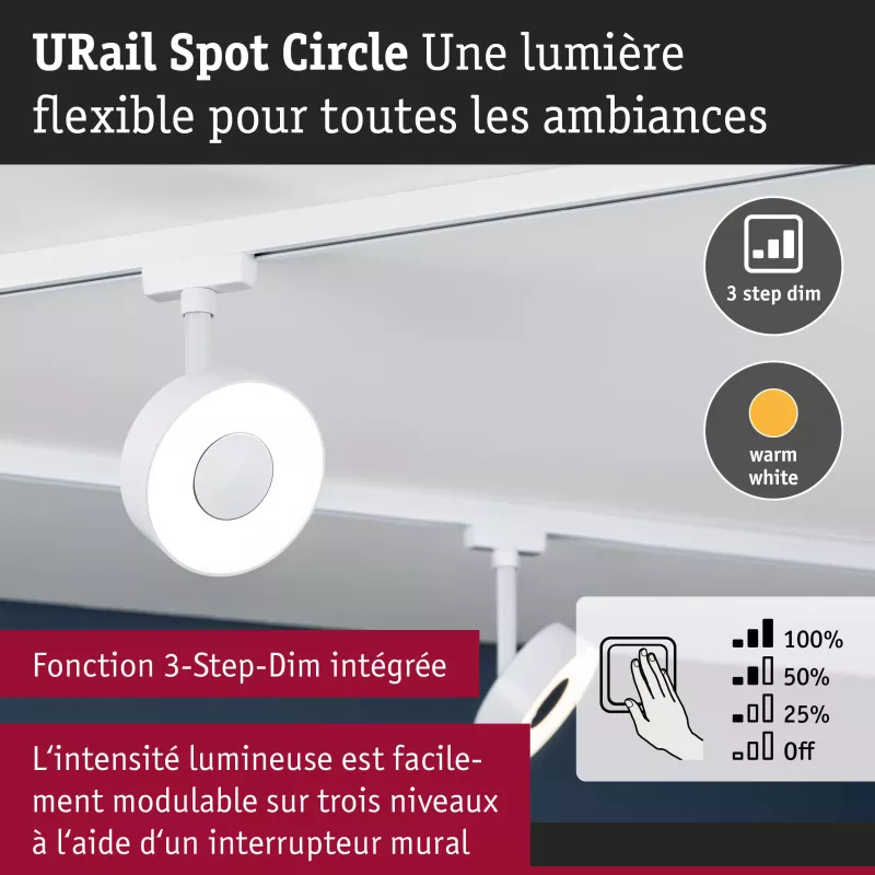 Foco URail para riel, regulable en 3 niveles, circular, 280 lm, 5 W, 3000 K, 230 V