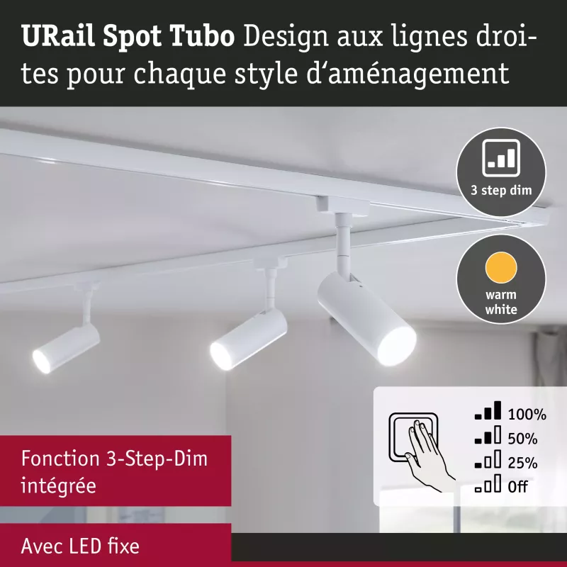 Foco para riel URail Tubo Individual con atenuación de 3 pasos, 150 lm, 4 W, 3000 K, regulable, 230 V, luz blanca.