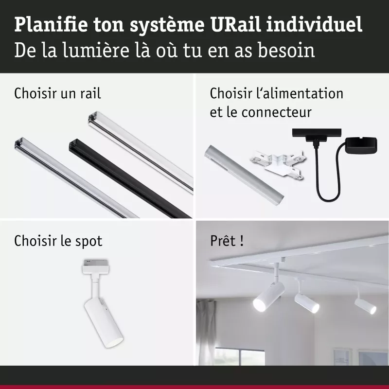 URail Spot sur rail 3-Step-Dim Tubo Spot individuel 150lm 4W 3000K gradable 230V Blanc signal
