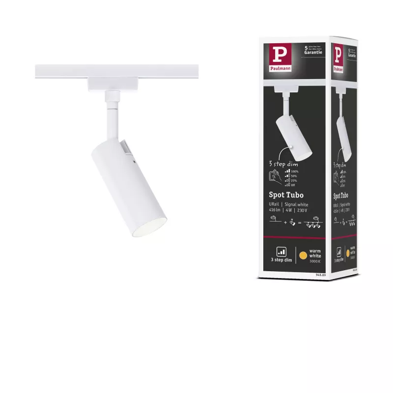 Foco para riel URail Tubo Individual con atenuación de 3 pasos, 150 lm, 4 W, 3000 K, regulable, 230 V, luz blanca.