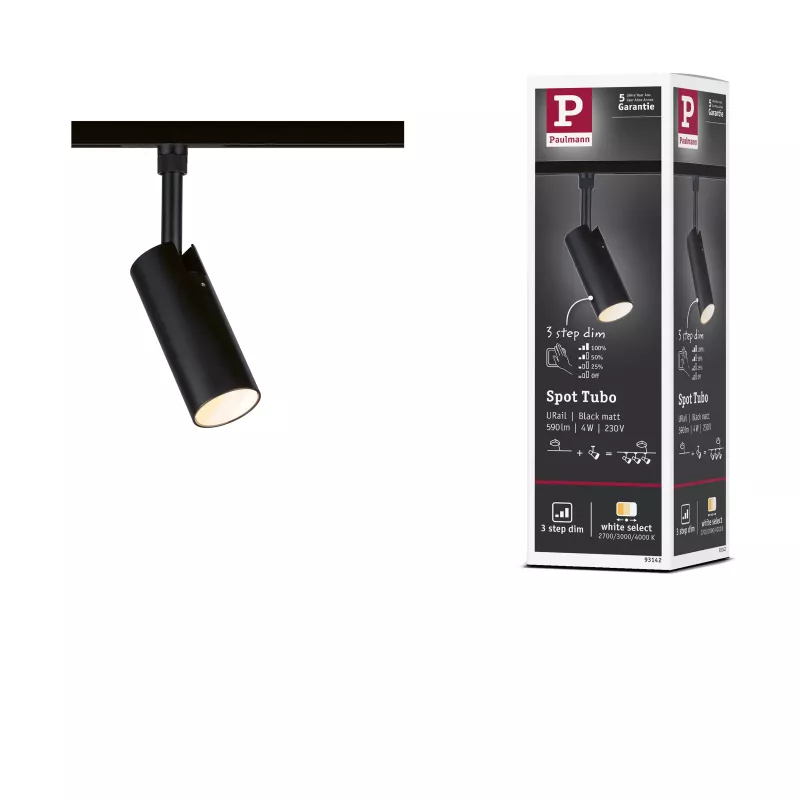 URail Schienenstrahler, 3-stufig dimmbar, Tubo Einzelstrahler, 200 lm, 4 W, 2700–4000 K, 230 V, matt schwarz