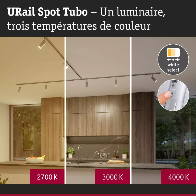URail Spot sur rail 3-Step-Dim Tubo Spot individuel 300lm 4W 2700 - 4000K gradable 230V Chrome mat