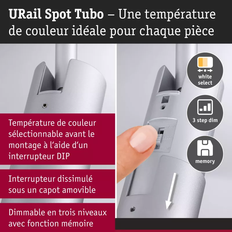 URail Spot sur rail 3-Step-Dim Tubo Spot individuel 300lm 4W 2700 - 4000K gradable 230V Chrome mat