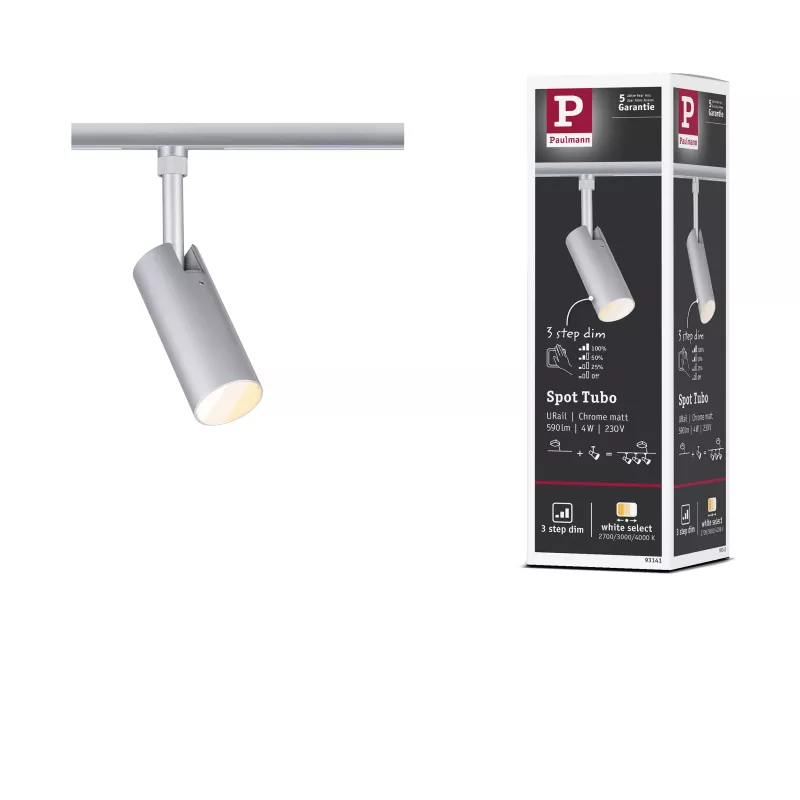 URail Spot sur rail 3-Step-Dim Tubo Spot individuel 300lm 4W 2700 - 4000K gradable 230V Chrome mat