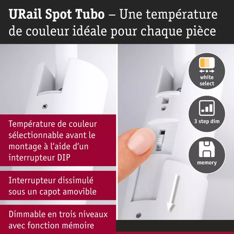 URail Spot sur rail 3-Step-Dim Tubo Spot individuel 320lm 4W 2700 - 4000K gradable 230V Blanc signal