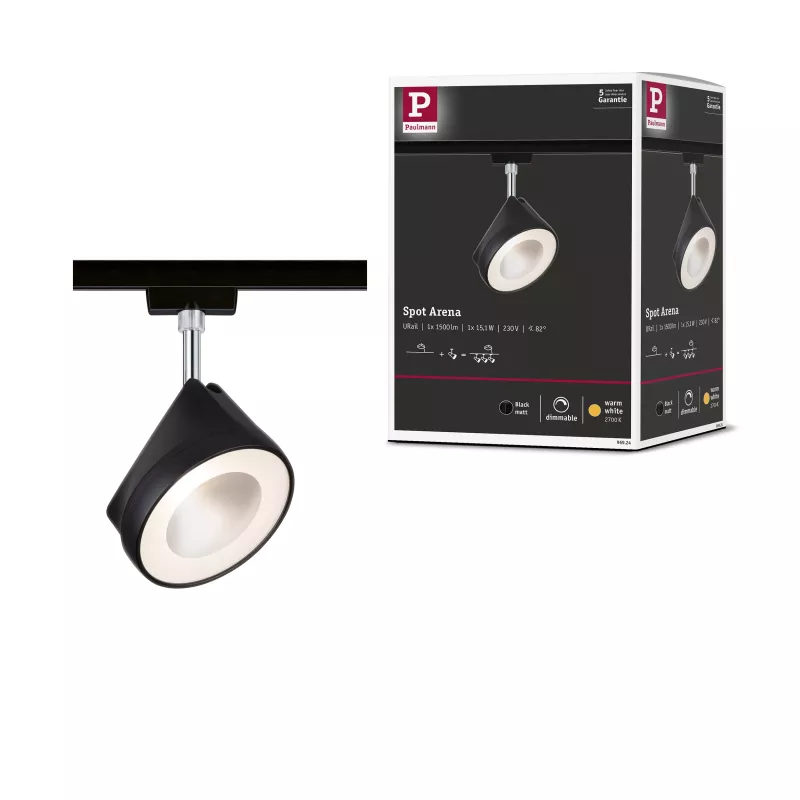 URail Arena Track Spot, Einzelstrahler, 800 lm, 14 W, 2700 K, dimmbar, 230 V, Mattschwarz, Chrom