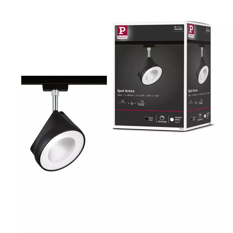 URail Arena Track Spot, Individual Spotlight, 860lm, 14W, 4000K, Dimmable, 230V, Matte Black, Chrome