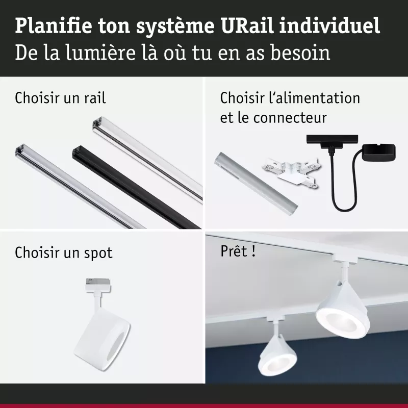 Foco individual para rieles URail Arena, 900 lm, 15,1 W, 4000 K, regulable, 230 V, luz blanca.
