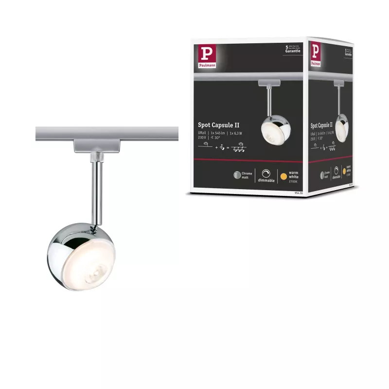 URail Track spotlight Capsule II Individual spotlight 439lm 6.3W 2700K dimmable 230V Matt chrome, Chrome