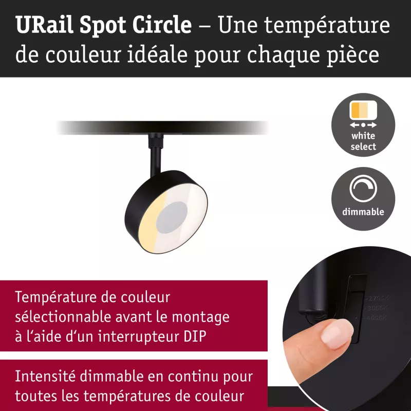 URail Spot sur rail Circle 160lm 5W 2700 - 4000K gradable 230V Noir mat