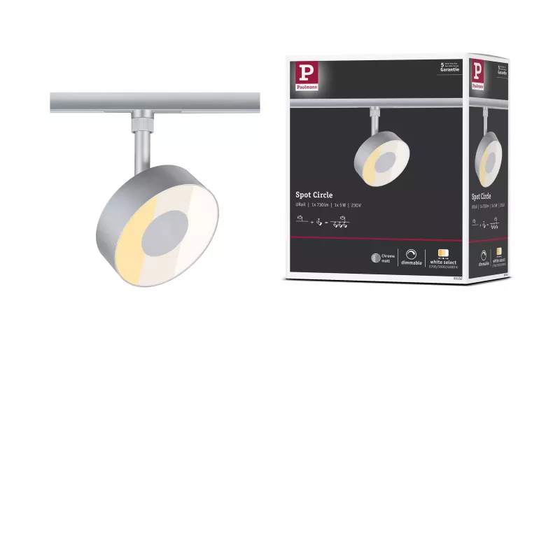 URail Schienenstrahler, rund, 220 lm, 5 W, dimmbar, 2700–4000 K, 230 V, matt verchromt