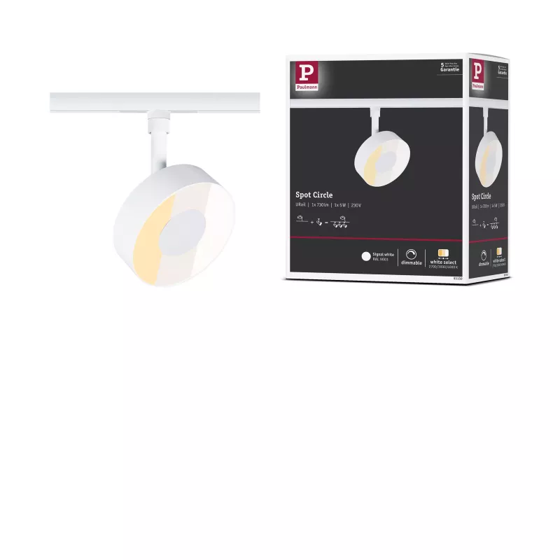 Foco circular para riel URail, 250 lm, 5 W, 2700-4000 K, regulable, 230 V, luz blanca.