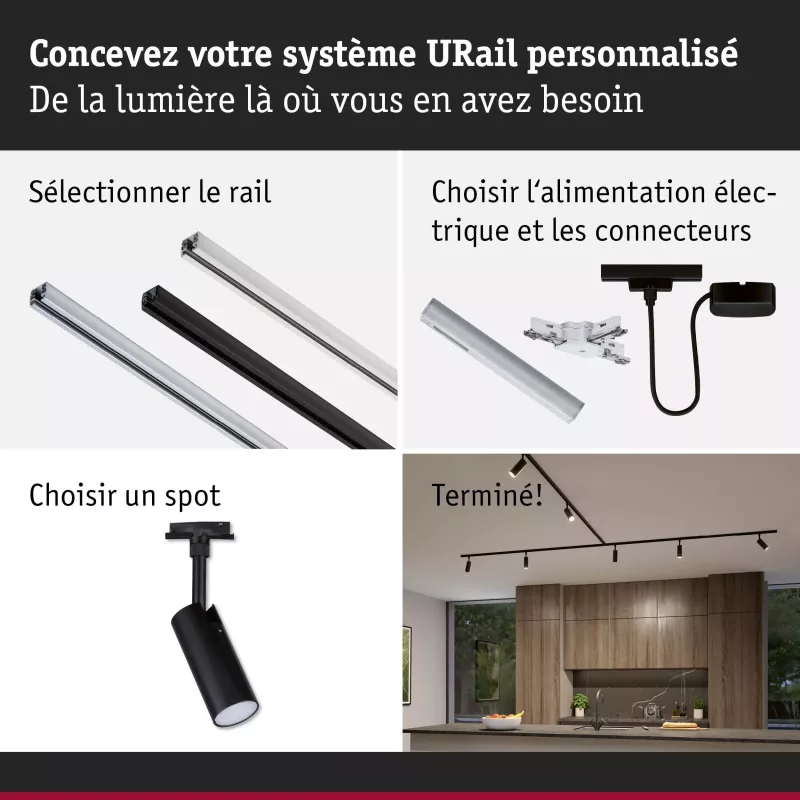 URail Spot sur rail Tubo Spot individuel 200lm 4W 2700 - 4000K 230V Noir mat