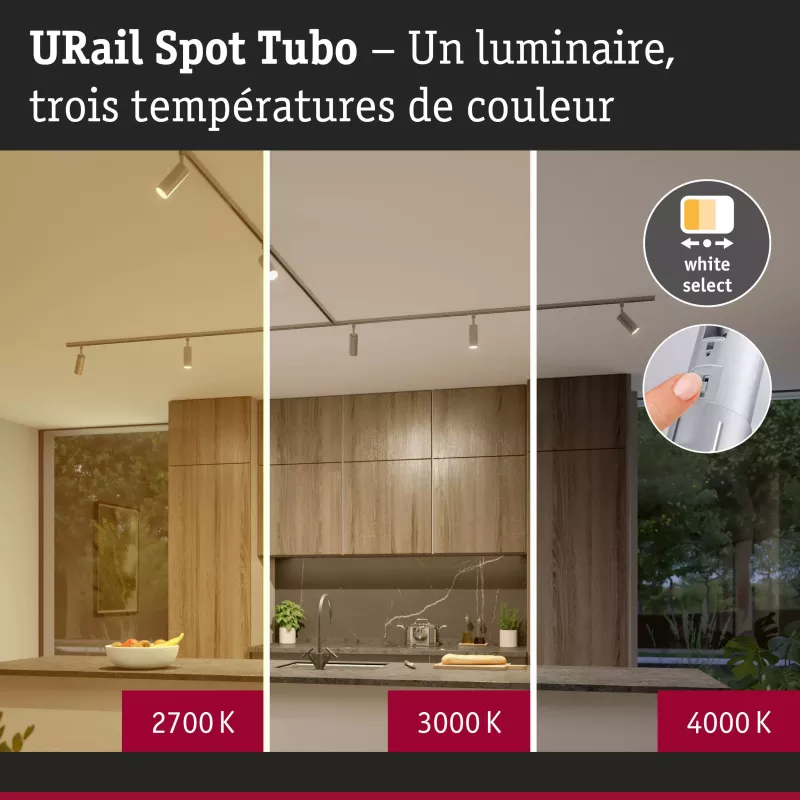 URail Spot sur rail Tubo Spot individuel 300lm 4W 2700 - 4000K 230V Chrome mat