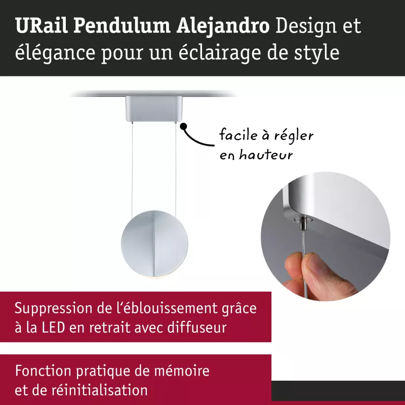 Lámpara colgante URail con atenuación en 3 pasos, modelo Alejandro, 800 lm, 10 W, 3000 K, regulable, 230 V. PAULMANN 35 - Cimais